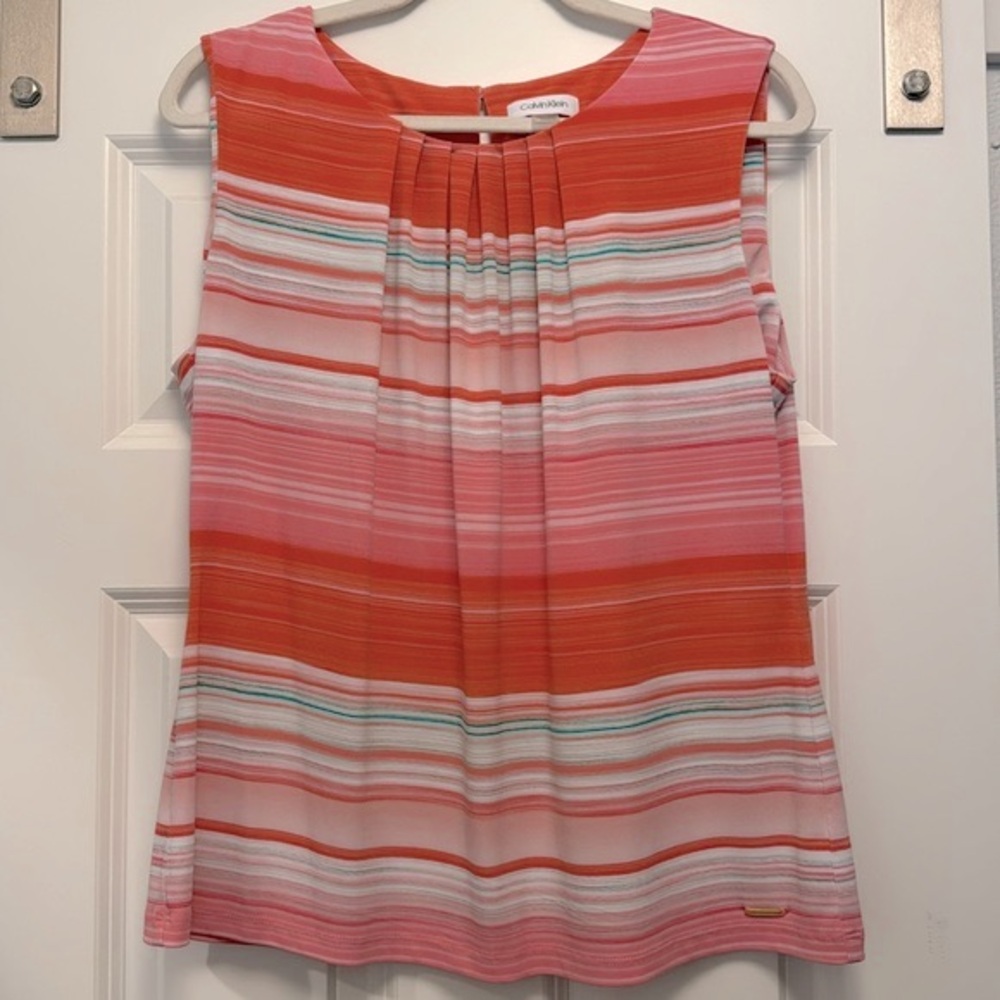 XL Coral Stripe Calvin Klein Pleated Jewel-Neck Sleeveless Shell Tank